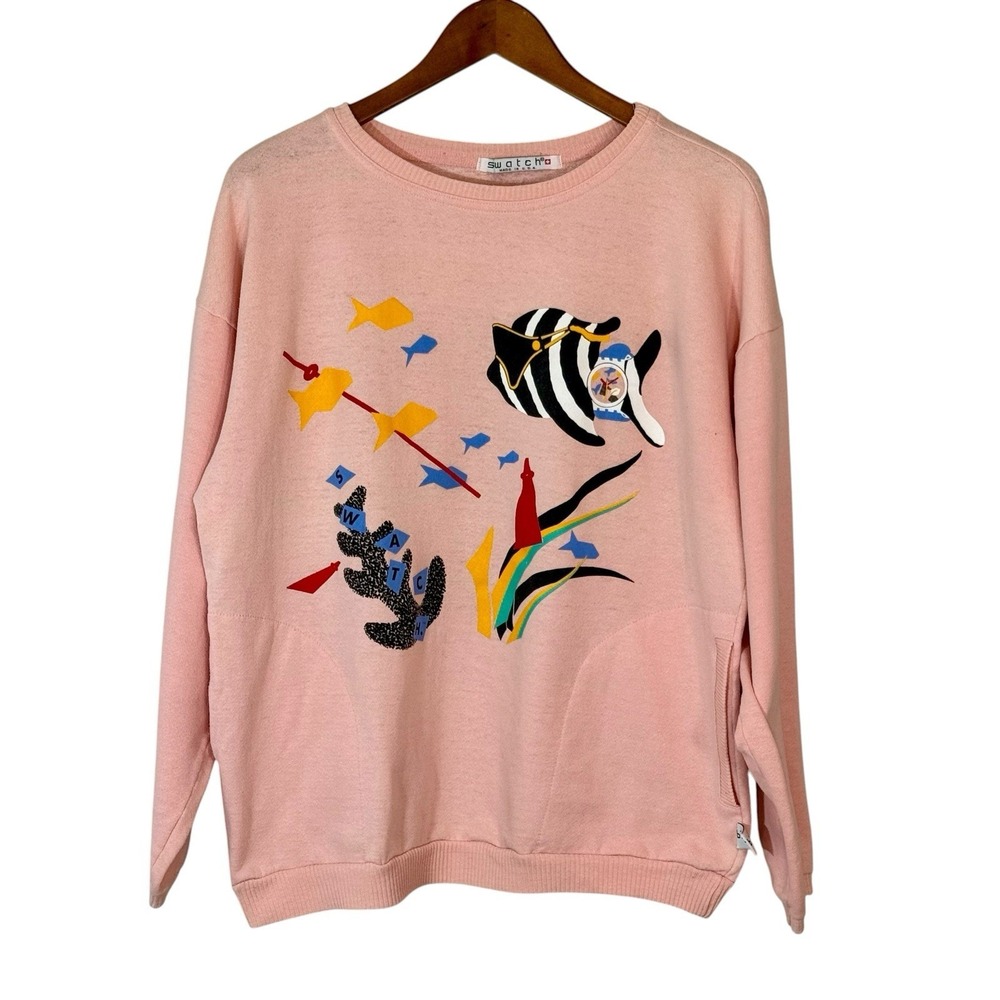 Vtg Swatch Pullover Sweatshirt Womans LG Pink‎ Fish Graphic Print Pockets 80s